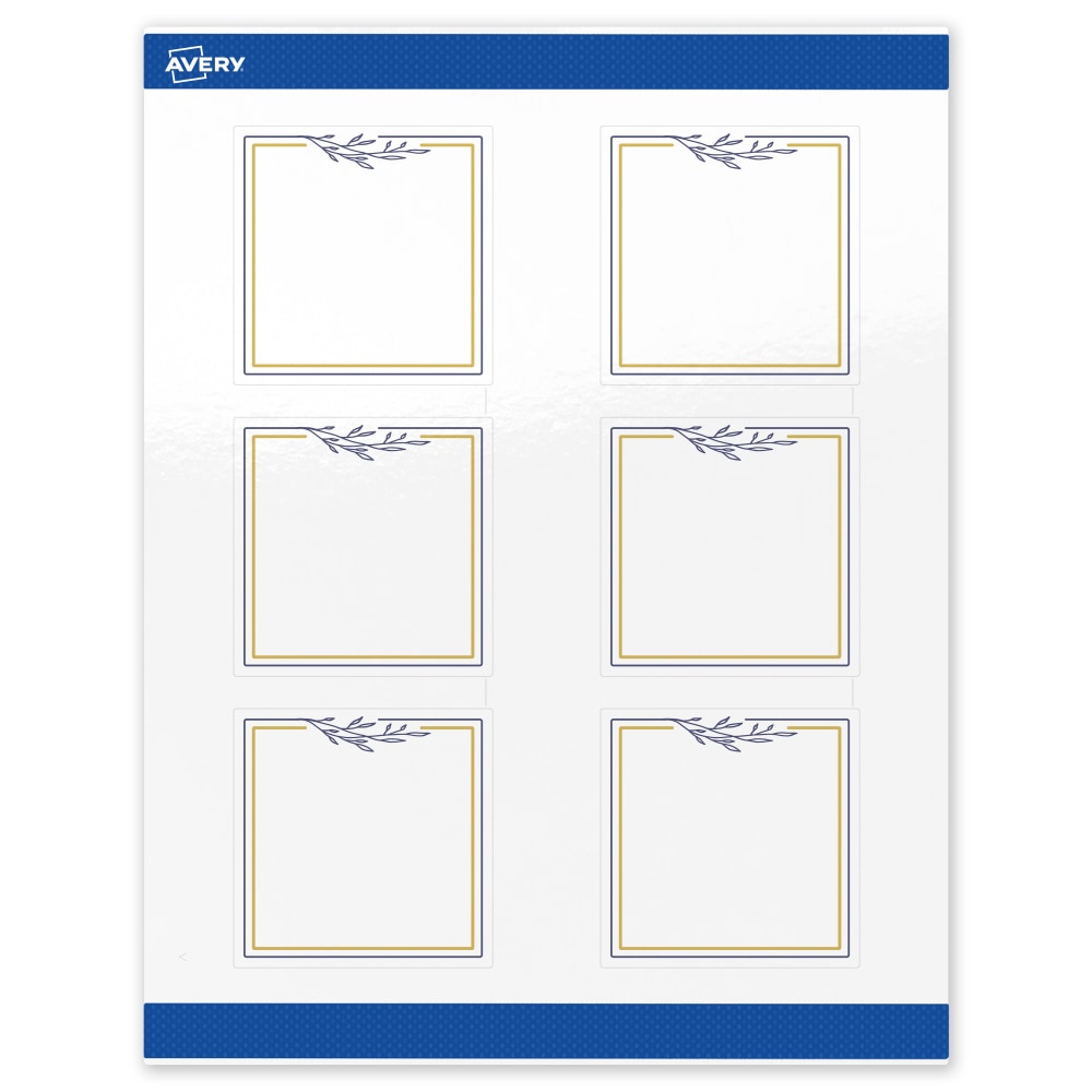 Avery Print-To-The-Edge Labels & Sure Feed, S00-DNJ-PRWGP10, 3in x 3in, Glossy White, Preprinted Gold & Navy Border & Floral Design, Pack Of 60
