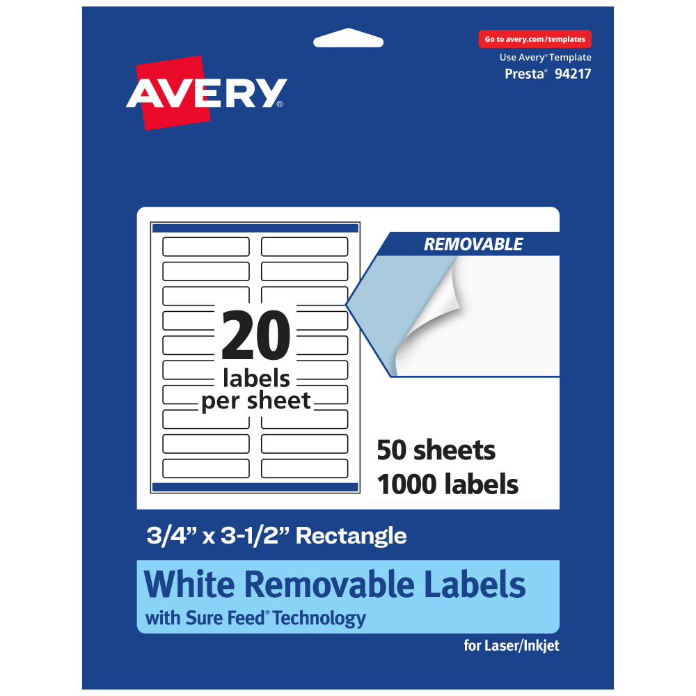 Avery Removable Labels With Sure Feed, 94217-RMP50, Rectangle, 3/4in x 3-1/2in, White, Pack Of 1,000 Labels