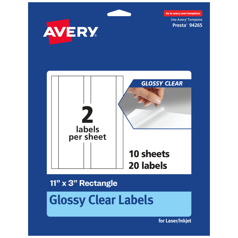 Avery Glossy Permanent Labels, 94265-CGF10, Rectangle, 11in x 3in, Clear, Pack Of 20