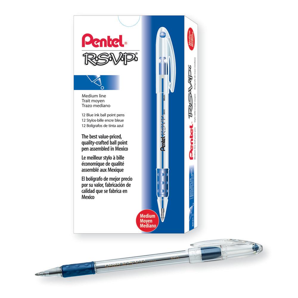 Pentel R.S.V.P. Ballpoint Pens, Medium Point, 1.0 mm, Clear Barrel, Blue Ink, Pack Of 12