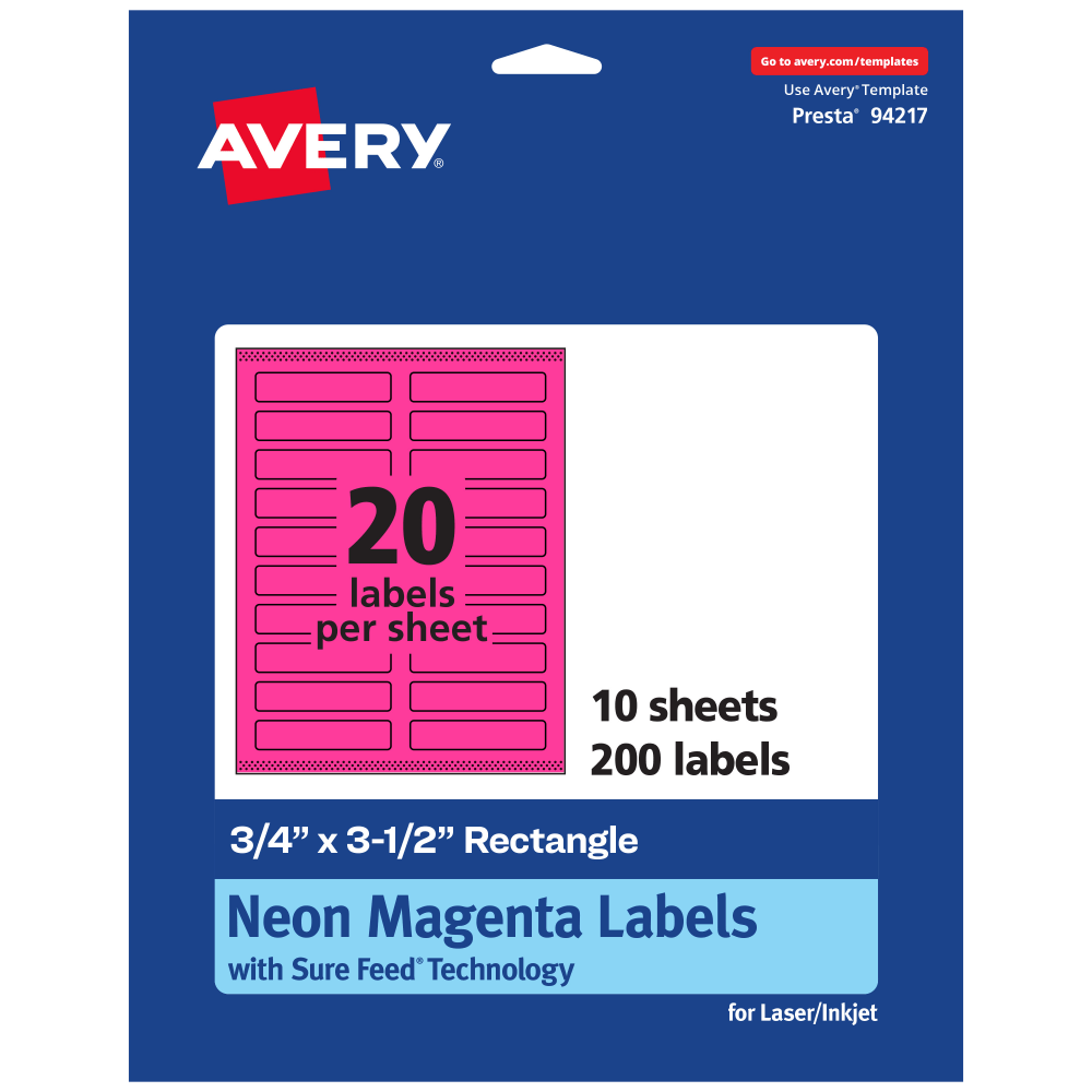 Avery Print-To-The-Edge Labels With Sure Feed Technology And Easy Peel, 94217-NMP10, Rectangle, 3/4in x 3-1/2in, Matte Neon Magenta, Pack of 200