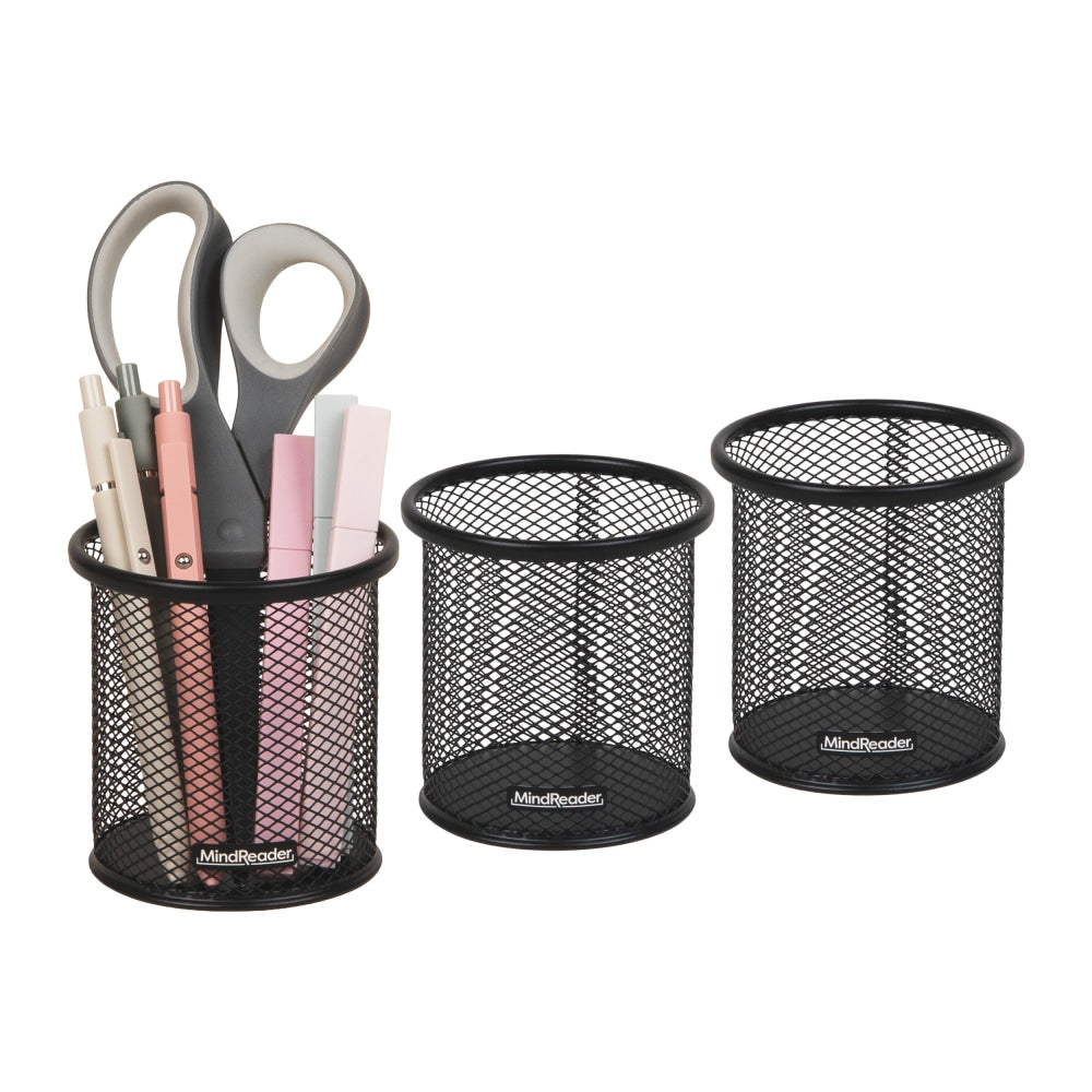 Mind Reader Pen and Accessories Holder 3-3/4inH x 3-1/2inW x 3-1/2inD, Black, Pack Of 3 Paper Clip Holders