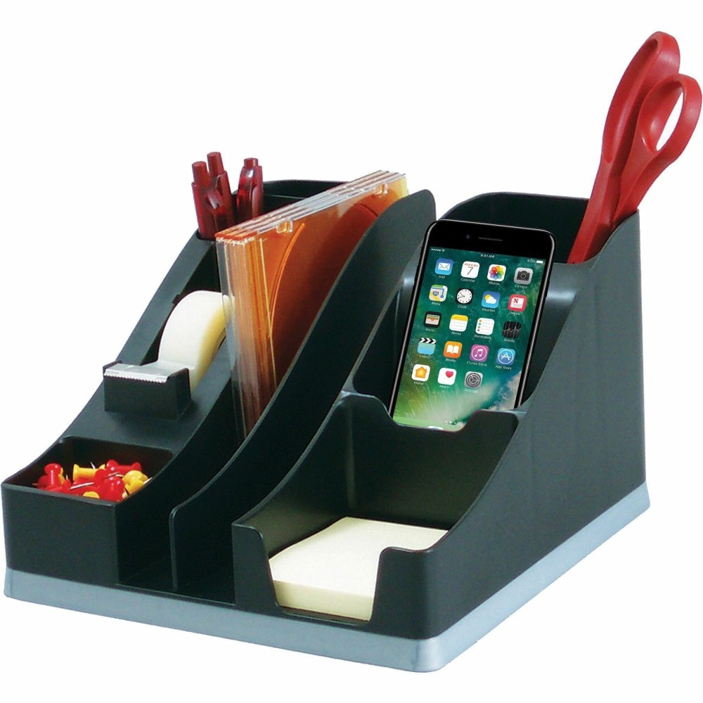 Deflecto Silouettes All-in-One Caddy - 6 Compartment(s) - 5.19in x 8.13inx 9.13in Depth - Desktop - Cable Management, Removable Divider - Silver - 1 Each