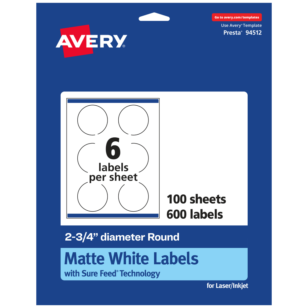 Avery Permanent Labels With Sure Feed, 94512-WMP100, Round, 2-3/4in Diameter, White, Pack Of 600