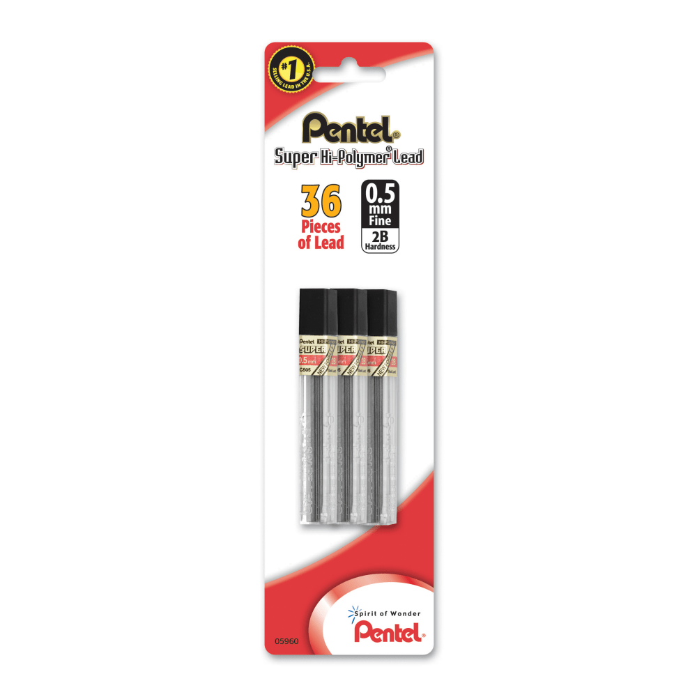 Pentel Super Hi-Polymer Leads, 0.5 mm, 2B, 12 Leads Per Tube, Pack Of 3 Tubes