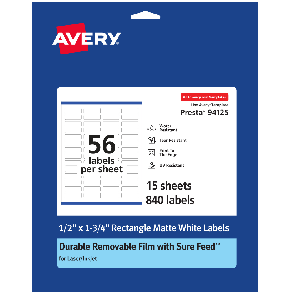 Avery Durable Removable Labels With Sure Feed, 94125-DRF15, Rectangle, 1/2in x 1-3/4in, White, Pack Of 840
