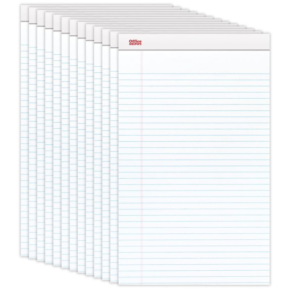 Office Depot Brand Writing Pads, 8-1/2in x 14in, Legal/Wide Ruled, 50 Sheets, White, Pack Of 12 Pads