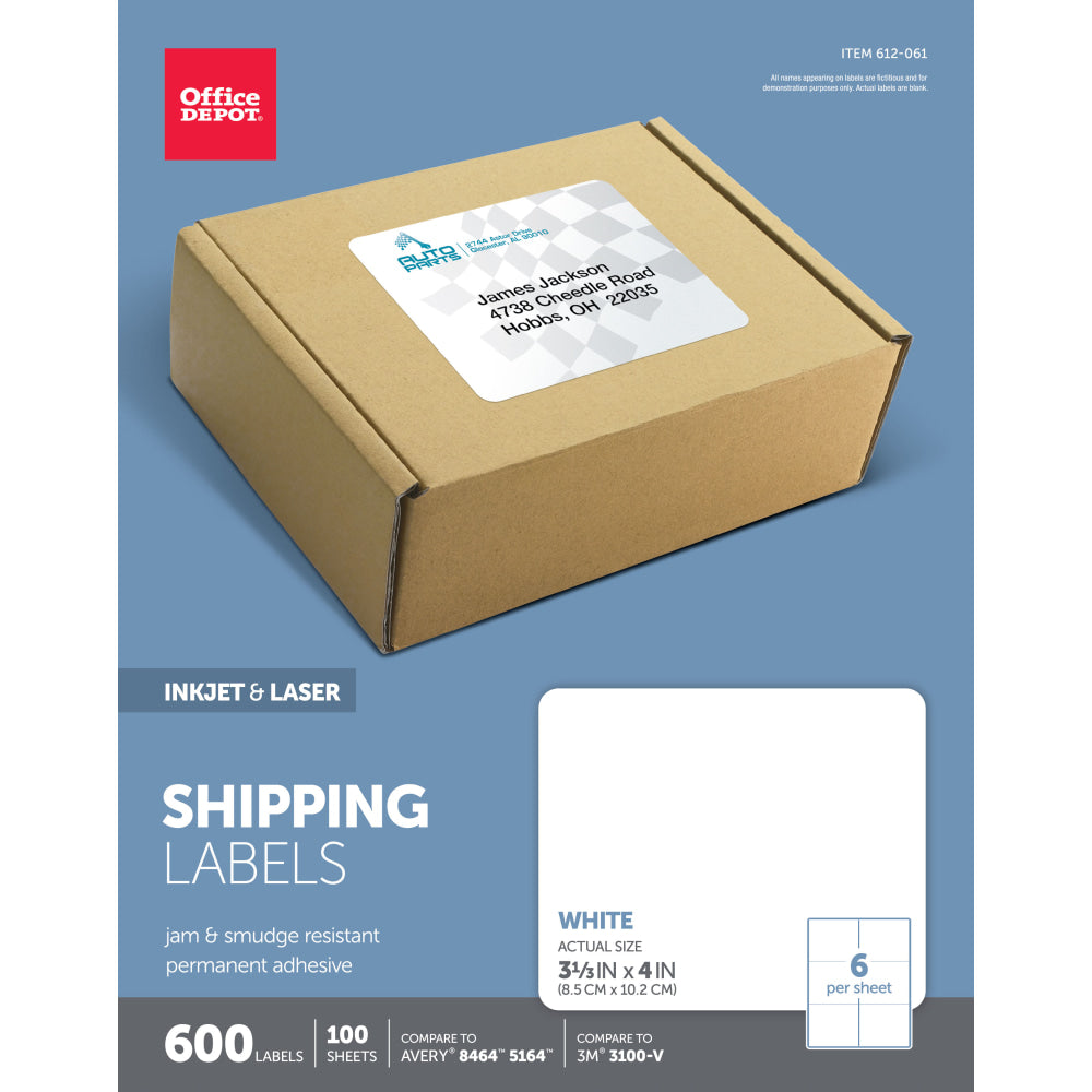 Office Depot Brand Inkjet/Laser Shipping Labels, Rectangle, 3 1/3in x 4in, White, Pack Of 600