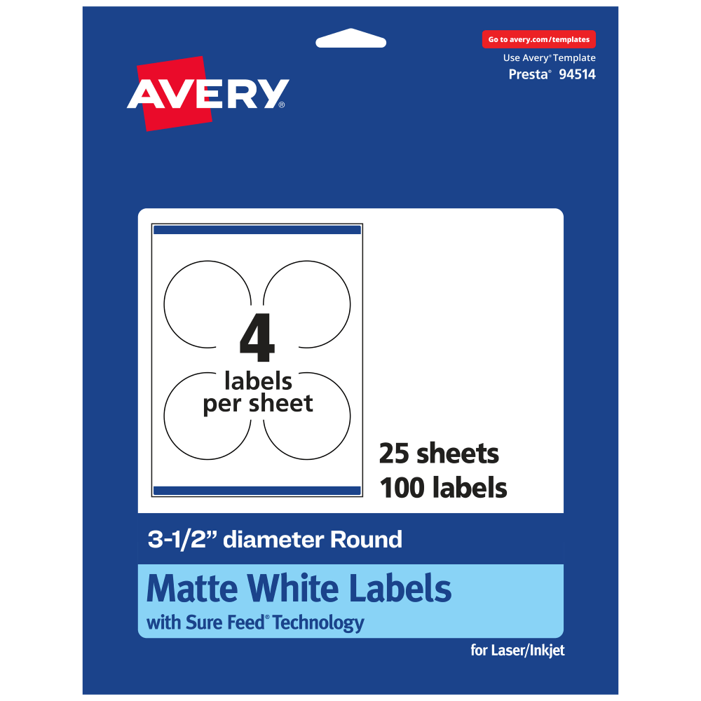 Avery Permanent Labels With Sure Feed, 94514-WMP25, Round, 3-1/2in Diameter, White, Pack Of 100