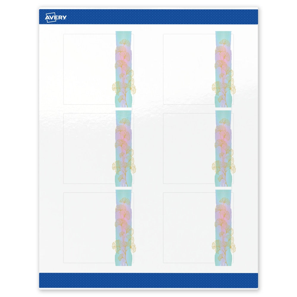 Avery Printable Labels With Sure Feed Technology, S00-EVR, Square, 3in x 3in, Glossy White With Preprinted Watercolor/Gold Leaf Design, Pack Of 60