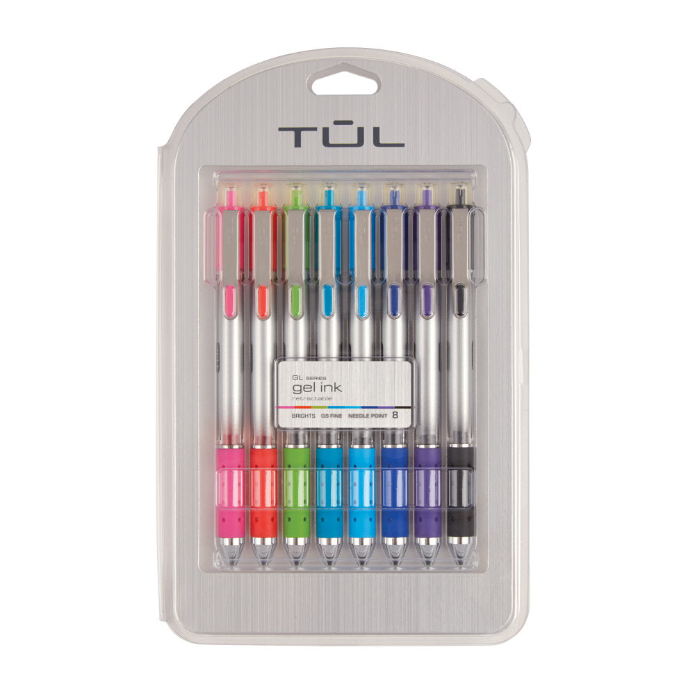 TUL GL Series Retractable Gel Pens, Needle Point, 0.5 mm, Silver Barrel, Assorted Bright Inks, Pack Of 8 Pens