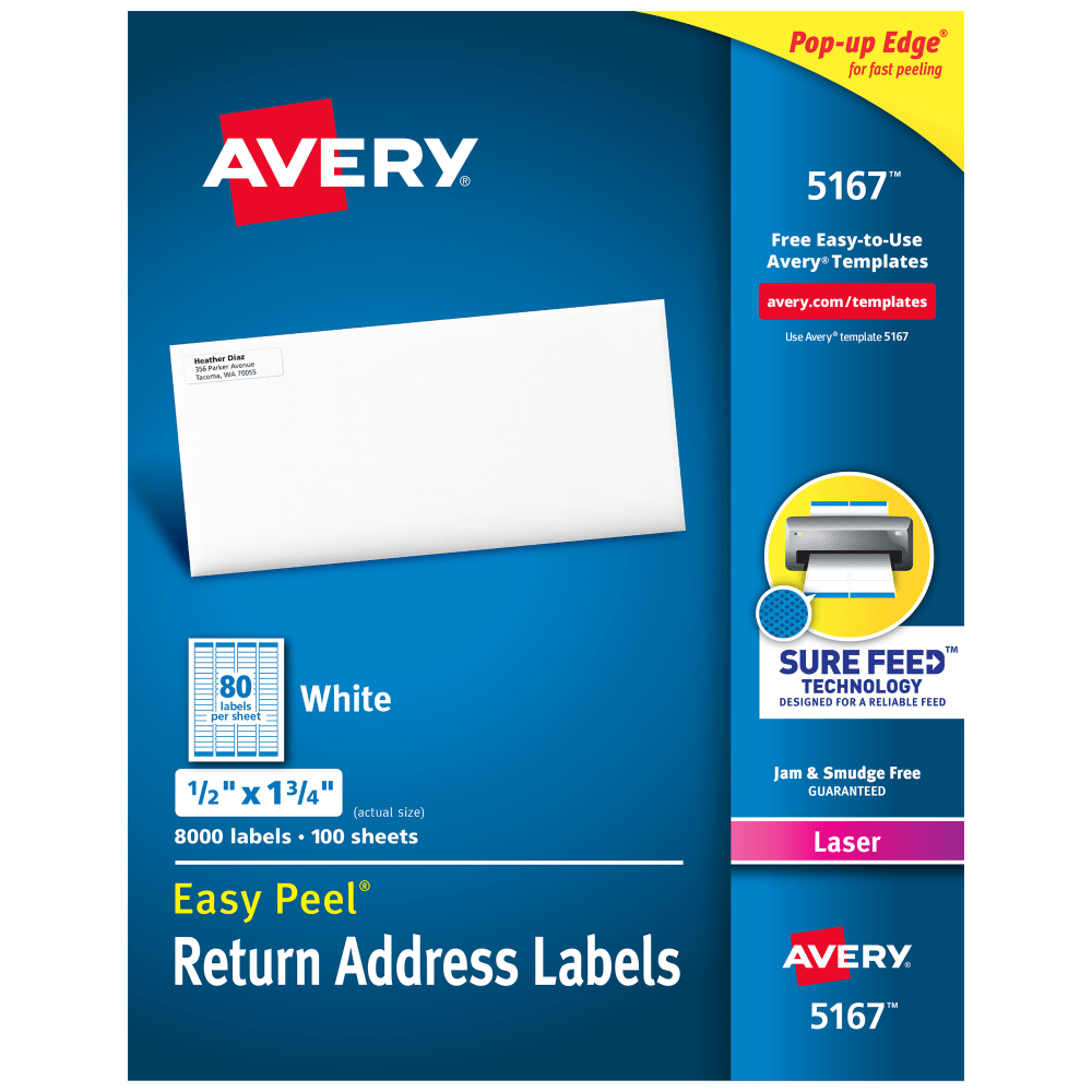 Avery Easy Peel Address Labels With Sure Feed Technology, 5167, Rectangle, 1/2in x 1-3/4in, Matte White, Box Of 8,000