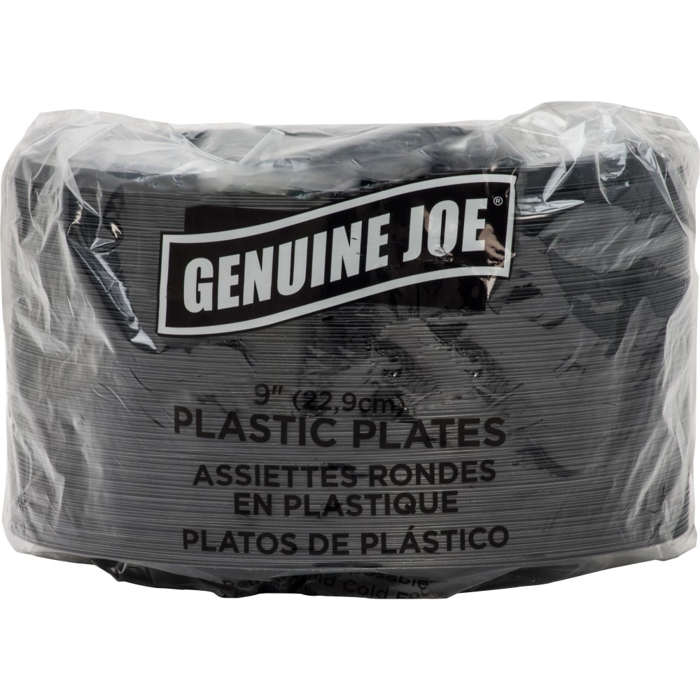 Genuine Joe 9in Round Plastic Plates, Black, Pack Of 125