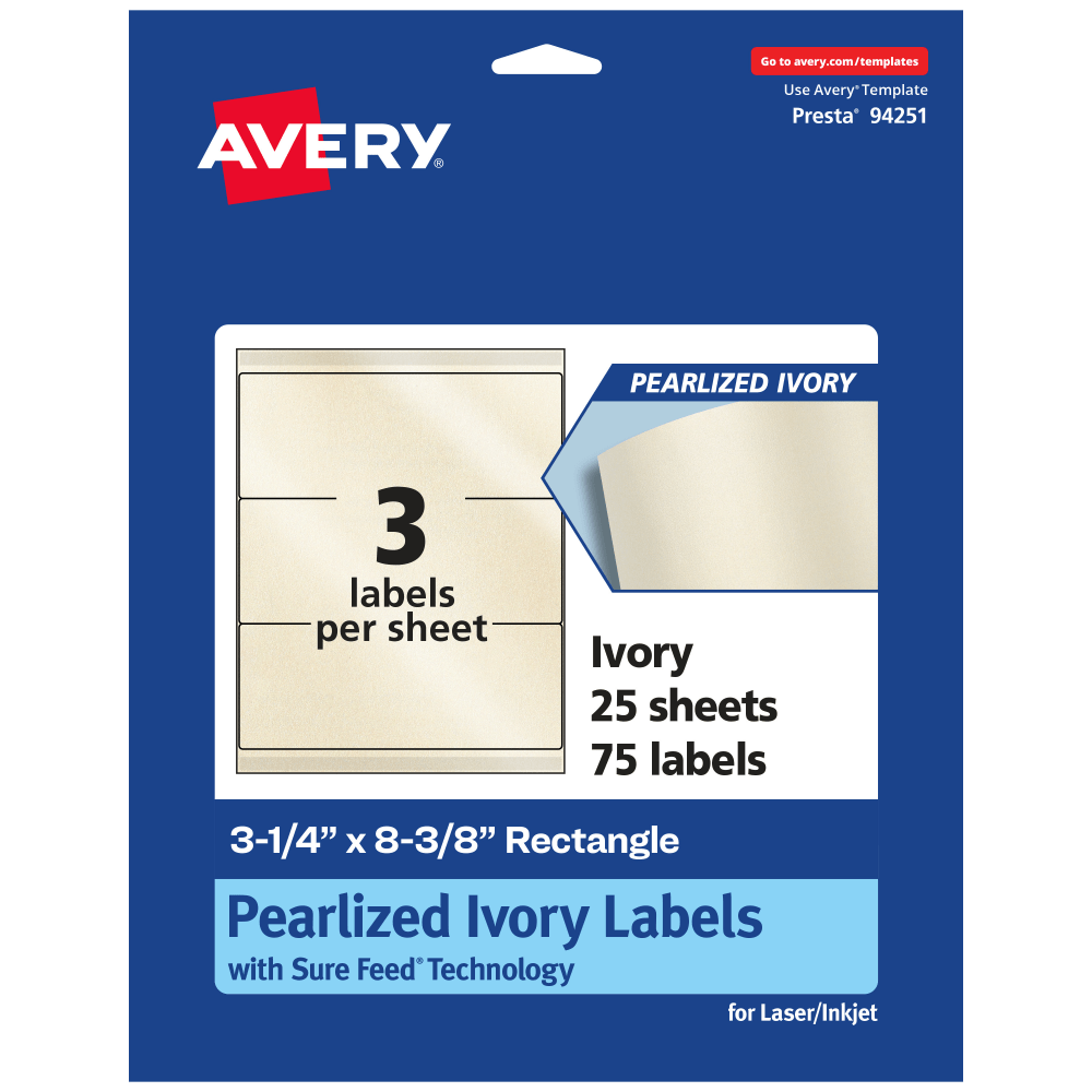 Avery Pearlized Permanent Labels With Sure Feed, 94251-PIP25, Rectangle, 3-1/4in x 8-3/8in, Ivory, Pack Of 75 Labels