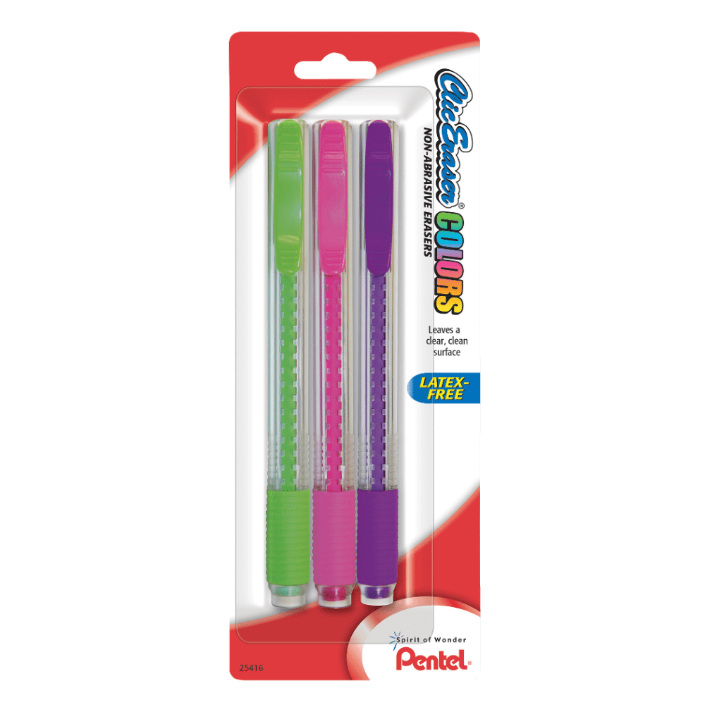 Pentel Clic Erasers, Assorted Colors, Pack Of 3