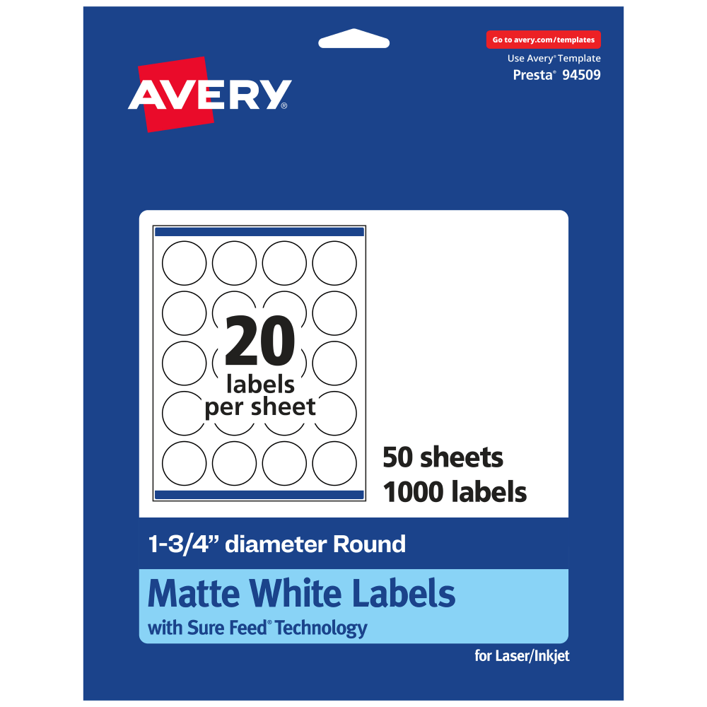 Avery Permanent Labels With Sure Feed, 94509-WMP50, Round, 1-3/4in Diameter, White, Pack Of 1,000