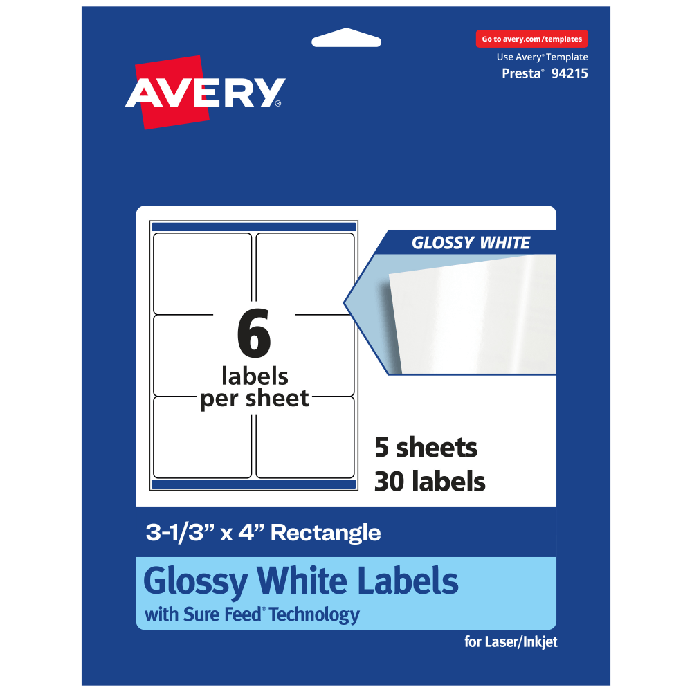 Avery Glossy Permanent Labels With Sure Feed, 94215-WGP5, Rectangle, 3-1/3in x 4in, White, Pack Of 30
