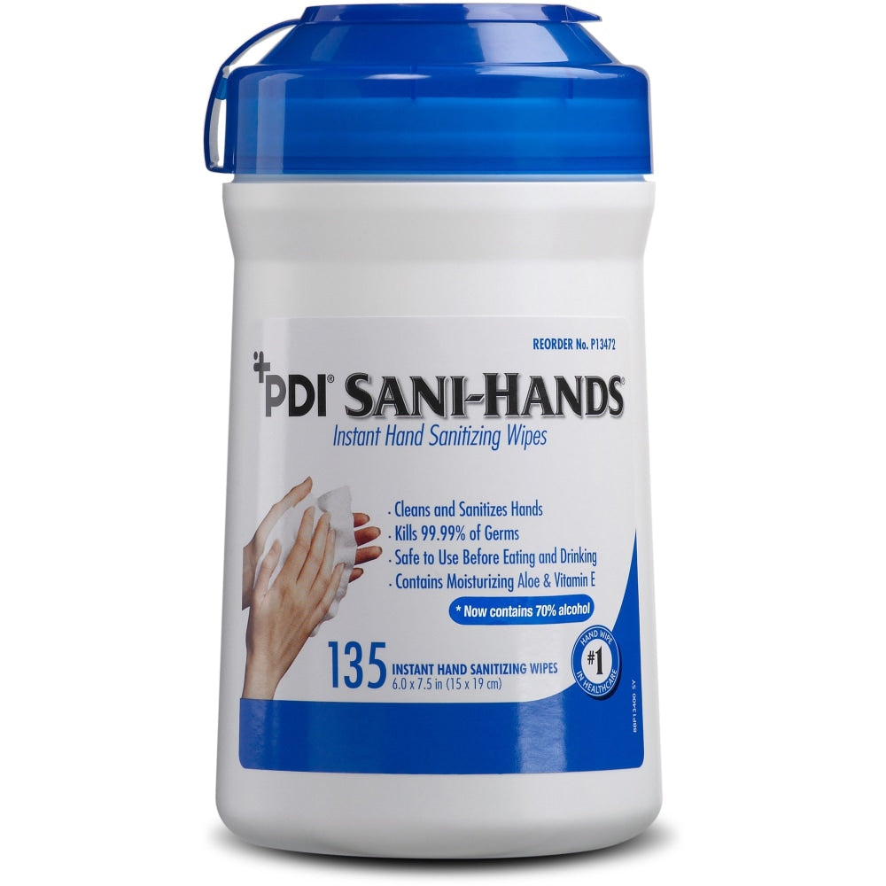 PDI Sani Hands Instant Hand Sanitizing Wipes  6in Width x 7.50in Length  White  135 Per Tub  12 / Carton