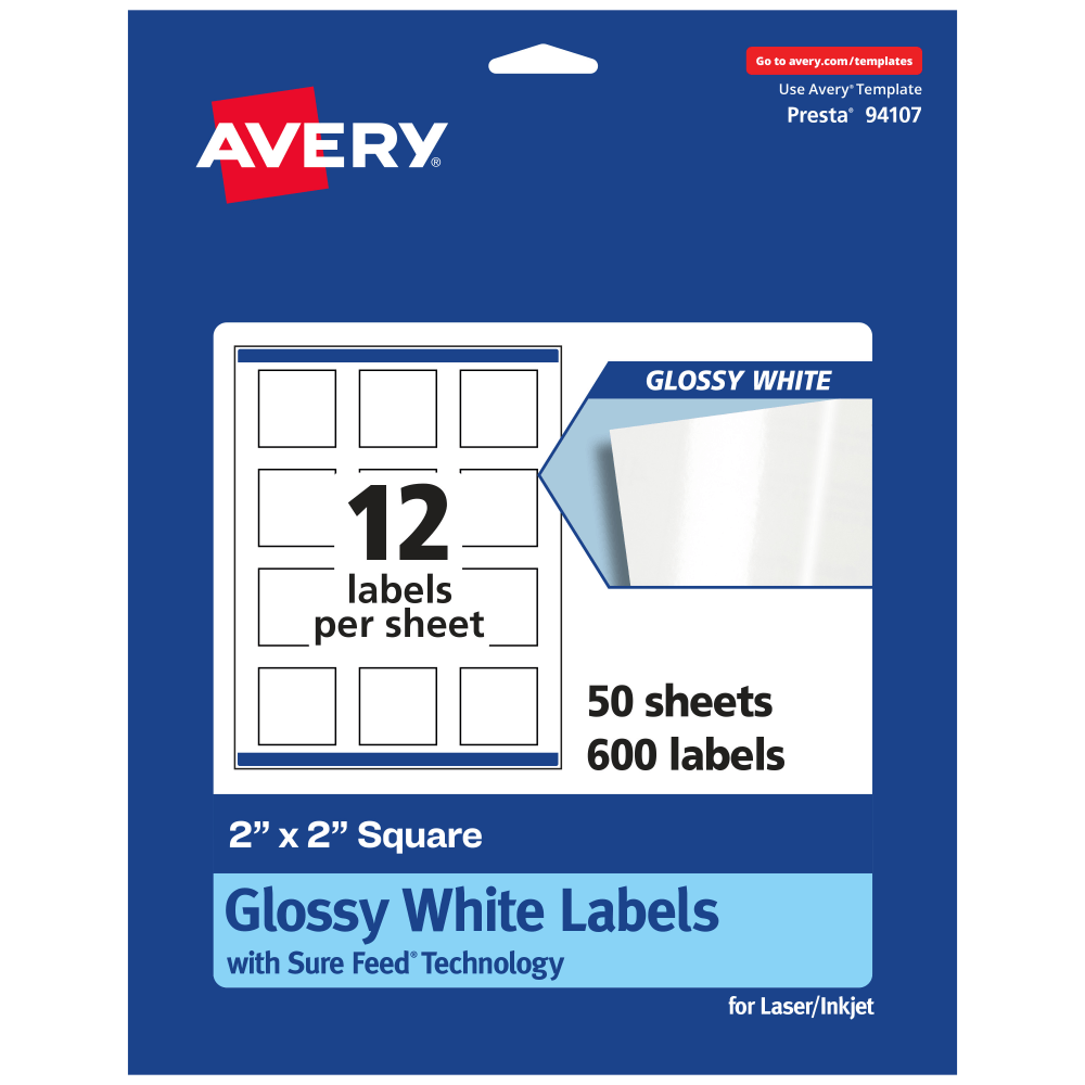 Avery Glossy Permanent Labels With Sure Feed, 94107-WGP50, Square, 2in x 2in, White, Pack Of 600