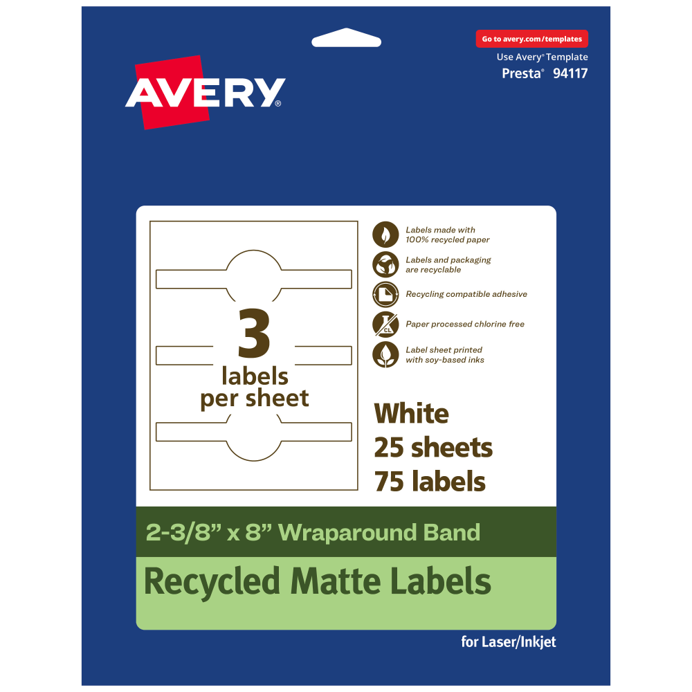 Avery Recycled Paper Labels, 94117-EWMP25, Cigar, 2-3/8in x 8in, White, Pack Of 75