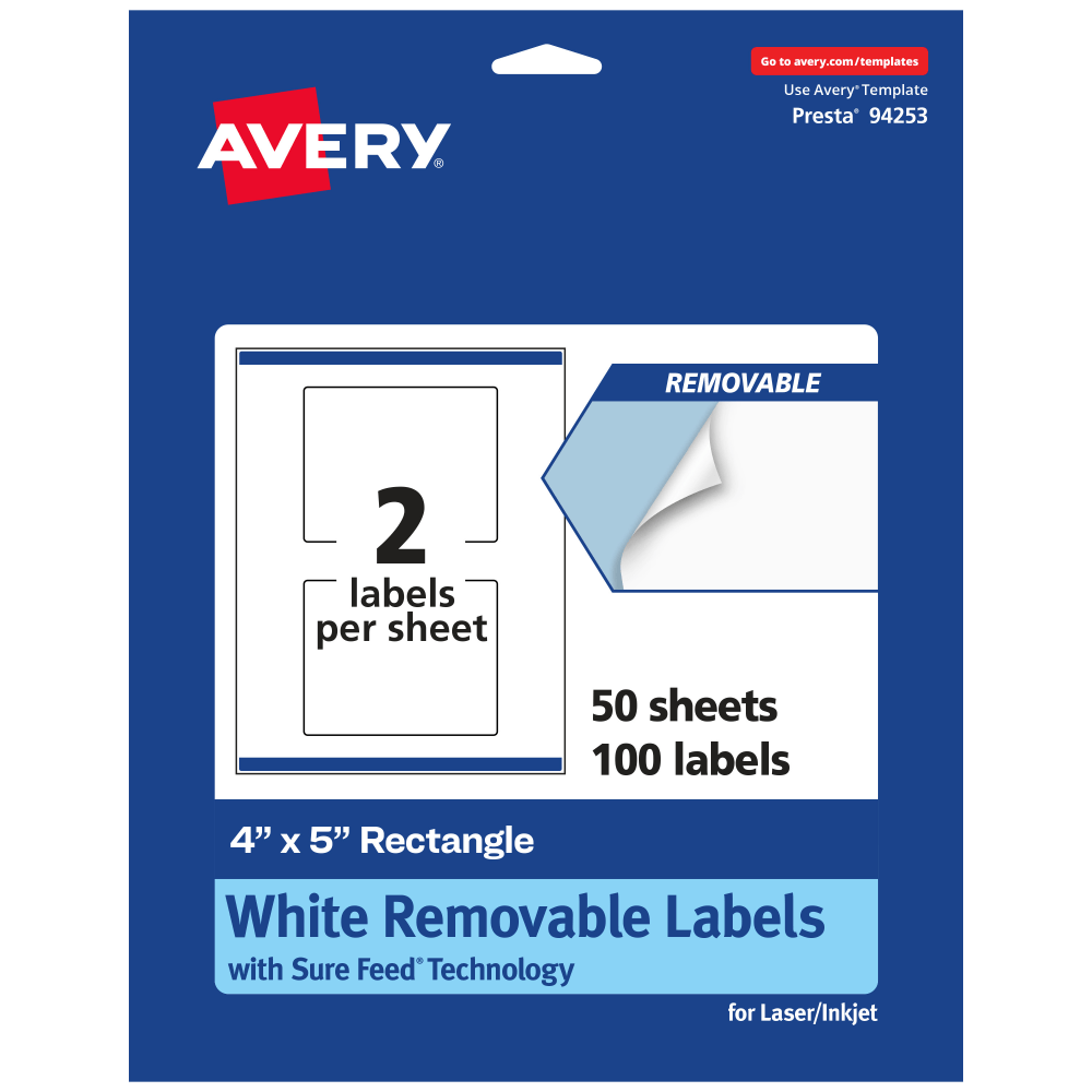 Avery Removable Labels With Sure Feed, 94253-RMP50, Rectangle, 4in x 5in, White, Pack Of 100 Labels