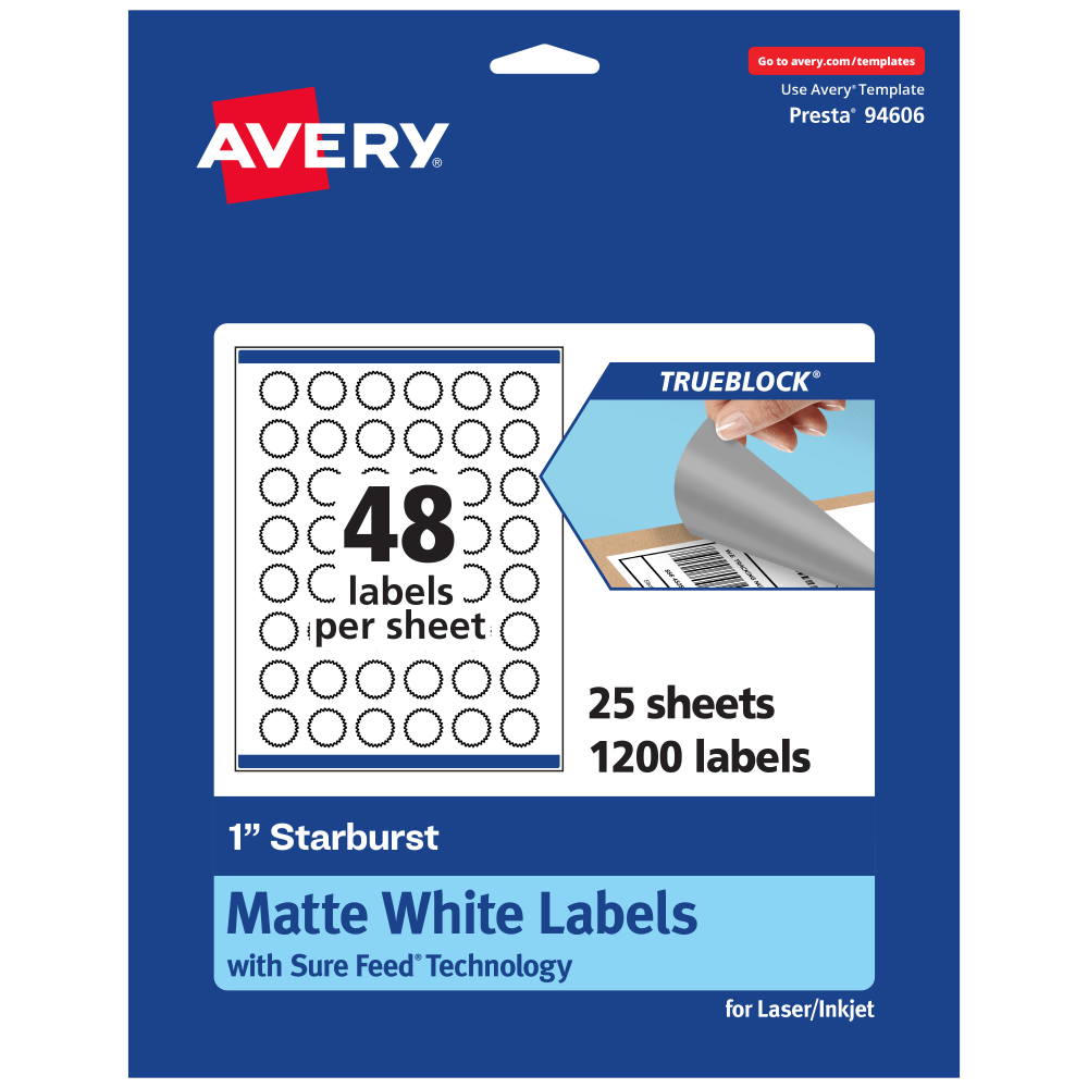 Avery Print-To-The-Edge TrueBlock Labels With Sure Feed, 94606-TWMP25, Starburst, 1in, Matte White, Pack Of 1200