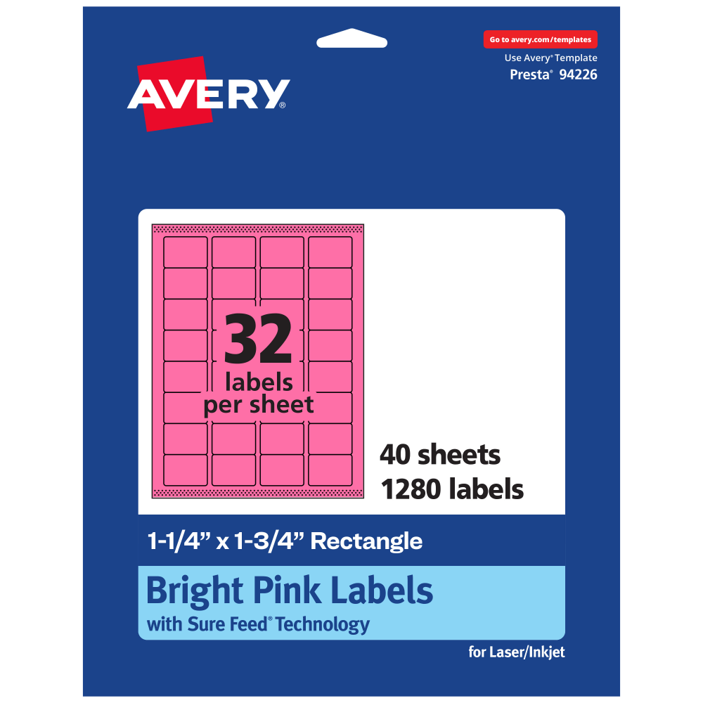 Avery Printable Labels With Sure Feed Technology, 94226-BPP40, Rectangle, 1-1/4in x 1-3/4in, Matte Bright Pink, Pack of 1280