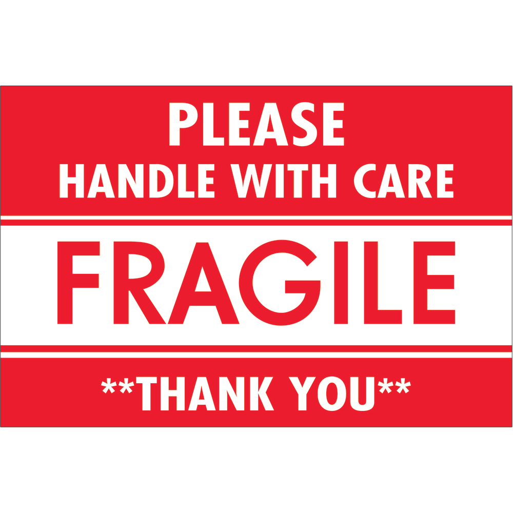 Tape Logic Preprinted Shipping Labels, DL2157, Fragile - Please Handle With Care - Thank You, Rectangle, 2in x 3in, Red/White, Roll Of 500