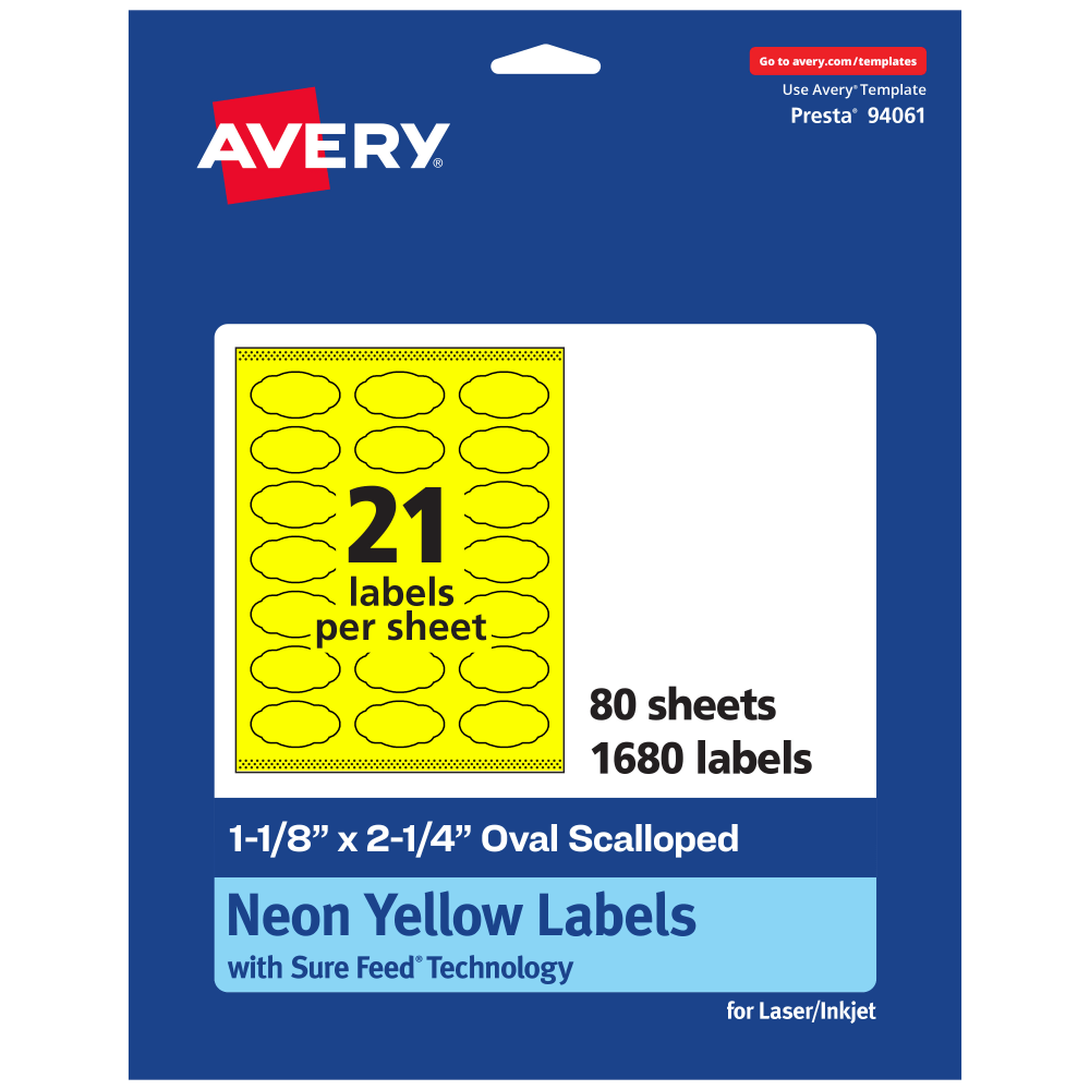 Avery Print-To-The-Edge Labels With Sure Feed Technology And Easy Peel, 94061-NYP80, Oval Scalloped, 1-1/8inx2-1/4in, Matte Neon Yellow, Pack of 1680