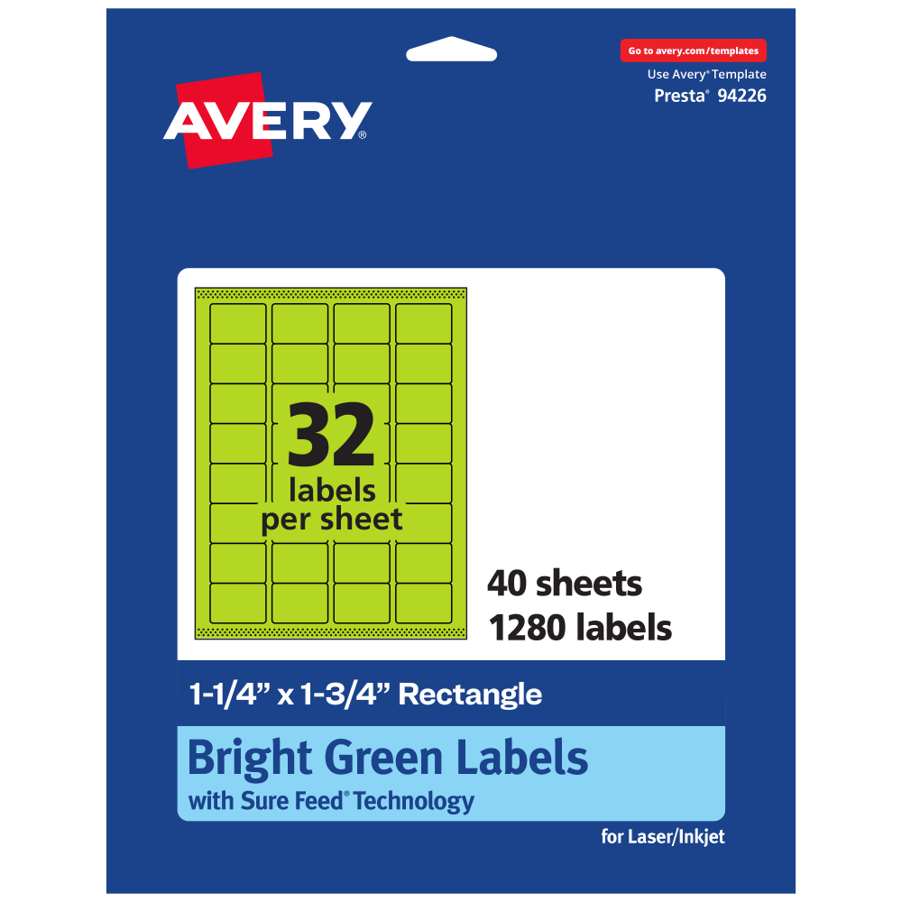 Avery Printable Labels With Sure Feed Technology, 94226-BGP40, Rectangle, 1-1/4in x 1-3/4in, Matte Bright Green, Pack of 1280