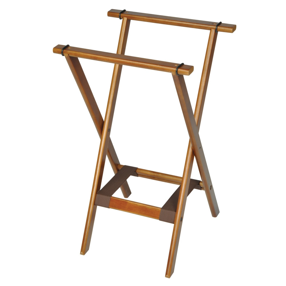 CSL Deluxe Wood Tray Stand, 30inH x 18-1/2inW x 17inD, Dark Finish/Brown Bottom Straps