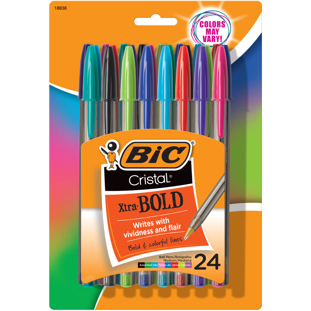 BIC Cristal Xtra Bold Ballpoint Pens, Bold Point, 1.6 mm, Translucent Barrel, Assorted Ink Colors, Pack Of 24 Pens