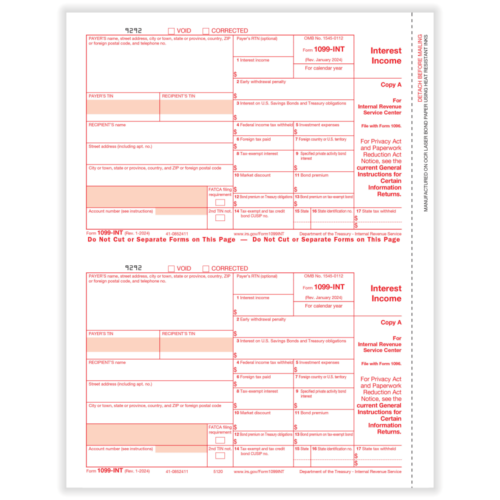 ComplyRight 1099-INT Tax Forms, 2-Up, Federal Copy A, 8-1/2in x 11in, Pack Of 100 Forms, 51205025