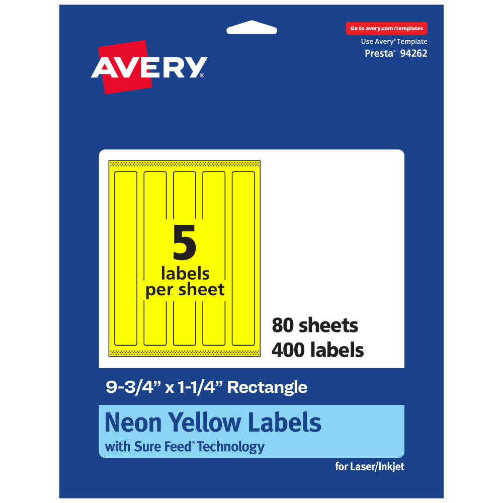 Avery Print-To-The-Edge Labels With Sure Feed Technology, 94262-NYP80, Rectangle, 9-3/4in x 1-1/4in, Matte Neon Yellow, Pack of 400
