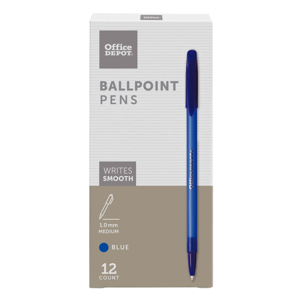 Office Depot Brand Ballpoint Stick Pens, Medium Point, 1.0 mm, Blue Barrel, Blue Ink, Pack Of 12