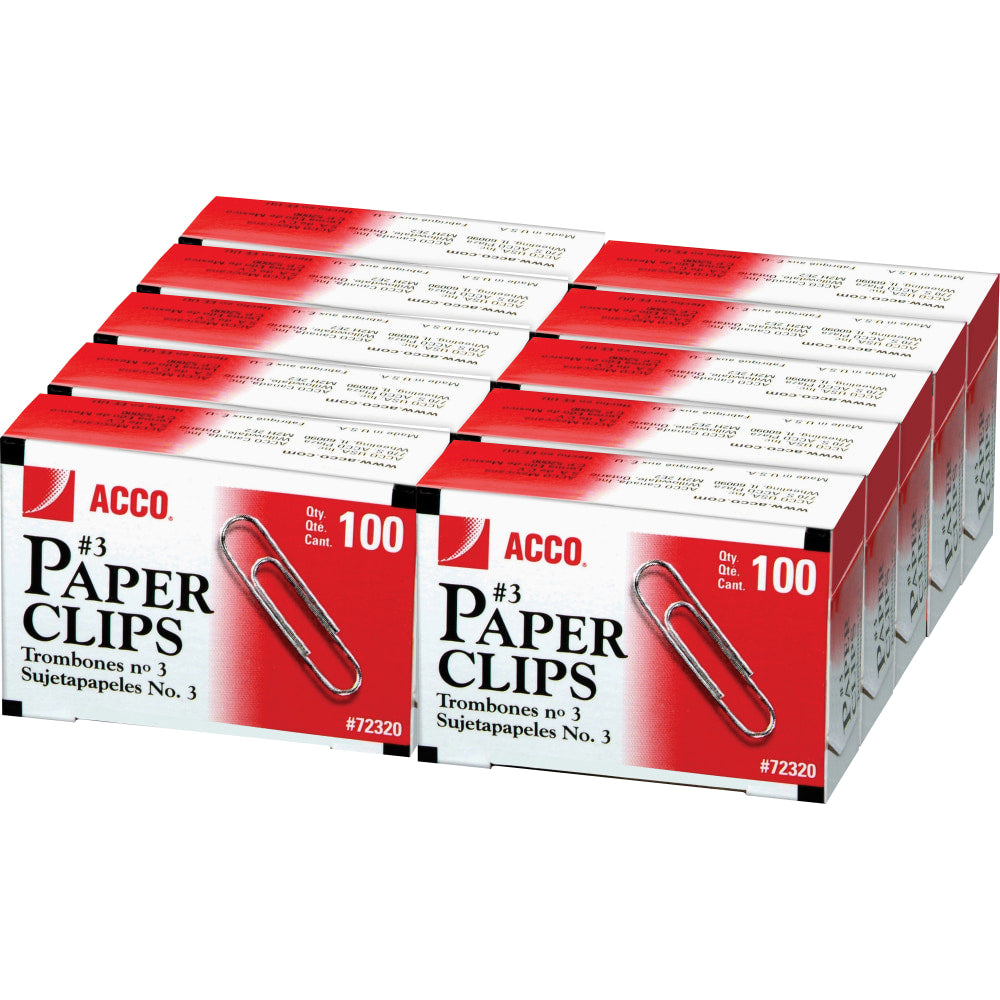 ACCO Economy Paper Clips, No. 3 Size, Silver, 100 Per Box, Pack Of 10 Boxes