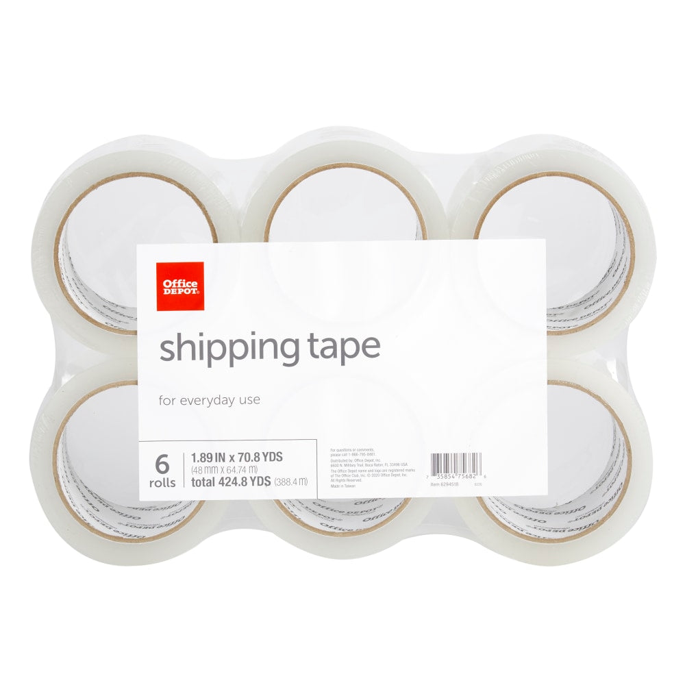 Office Depot Brand Shipping Packing Tape, 1.89in x 70.8 Yd, Clear, Pack Of 6 Rolls