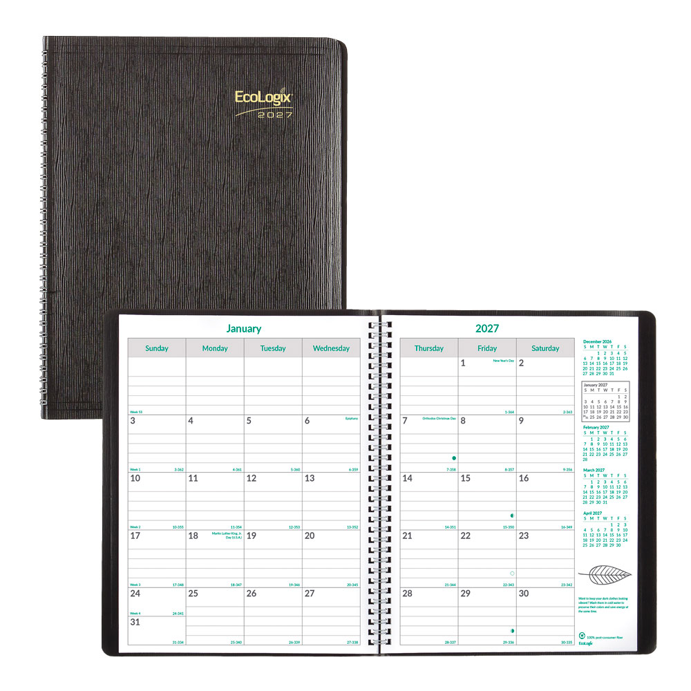 2026-2028 Brownline 14-Month EcoLogix Monthly Planner, 11in x 8-1/2in, 100% Recycled, Black, December 2026 To January 2028, CB435W.BLK, Total Qty 1