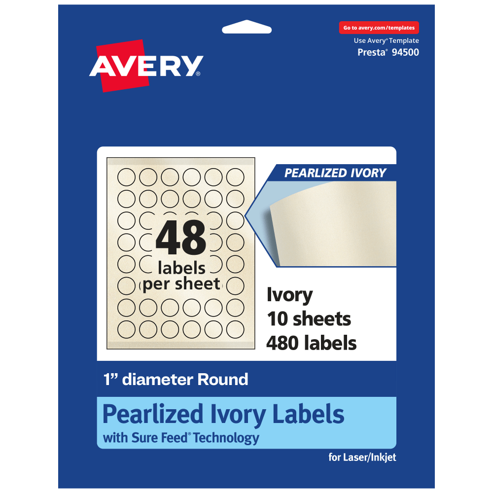 Avery Pearlized Permanent Labels With Sure Feed, 94500-PIP10, Round, 1in Diameter, Ivory, Pack Of 480 Labels
