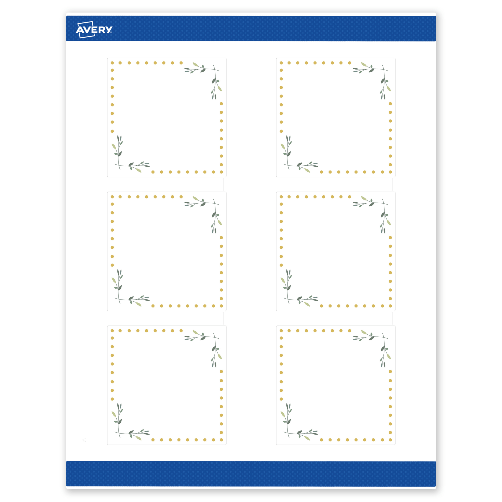 Avery Print-To-The-Edge Labels & Sure Feed, S00-DN6-PRWMP10, 3in x 3in, Matte White, Preprinted Green Floral & Gold Dots Design, Pack Of 60