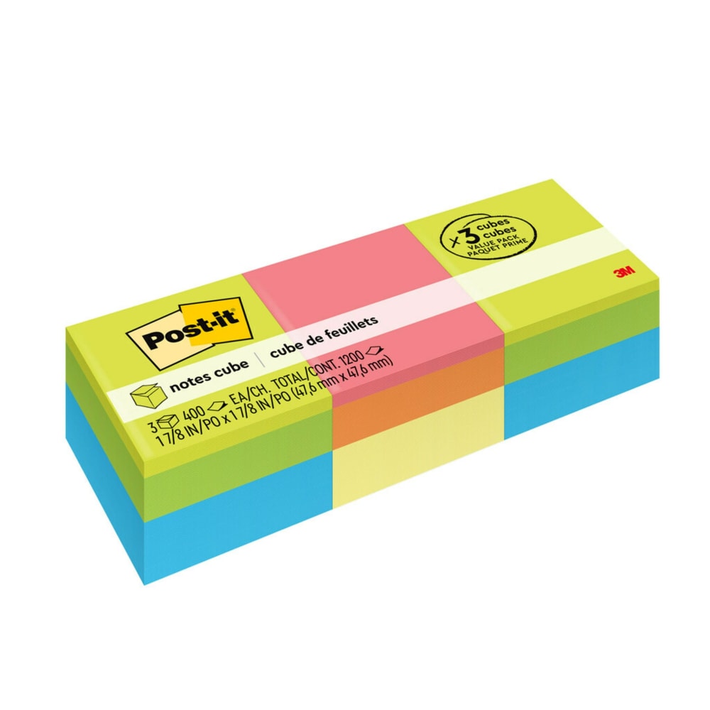 Post-it Notes, 1 7/8 x 1 7/8 in, 3 Mini Cube Sticky Notes Pads, 400 Sheets/Pad, School Supplies and O?ce Supplies, Assorted Bright Colors