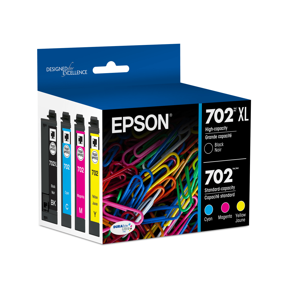 Epson 702XL Black/702 DuraBrite Tri-Color Ultra High-Yield/Standard Yield Ink Cartridges, Pack Of 2, T702XL-BCS