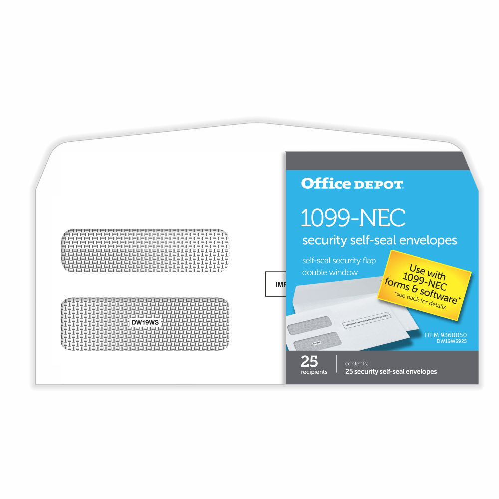 Office Depot Double-Window Self-Seal Envelopes For 1099-NEC 3-Up Tax Forms, 8-3/8inW x 3-7/8inH, Pack Of 25 Envelopes