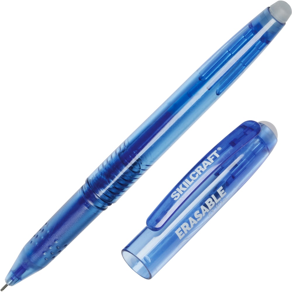 SKILCRAFT Erasable Gel Stick Pens, 0.7 mm, Translucent Barrel, Blue Ink, 12 Pens Per Pack, Case Of 12 Packs