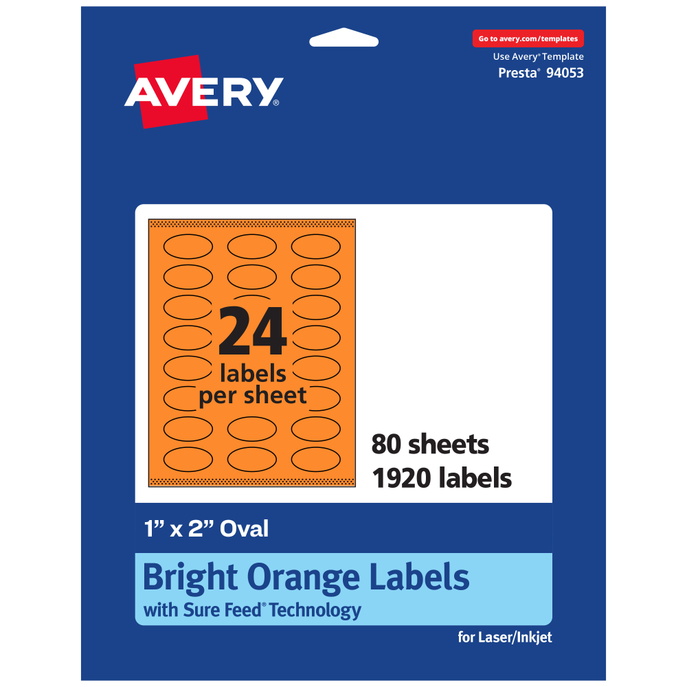 Avery Print-To-The-Edge Labels With Sure Feed Technology And Easy Peel Label Feature, 94053-BOP80, Oval, 1in x 2in, Matte Bright Orange, Pack of 1920
