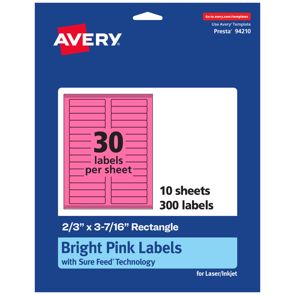 Avery Printable Labels With Sure Feed Technology, 94210-BPP10, Rectangle, 2/3in x 3-7/16in, Matte Bright Pink, Pack of 300