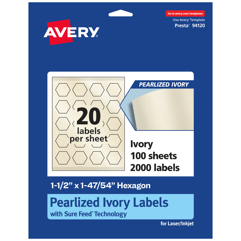 Avery Pearlized Permanent Labels With Sure Feed, 94120-PIP100, Hexagon, 1-1/2in x 1-47/54in, Ivory, Pack Of 2,000 Labels