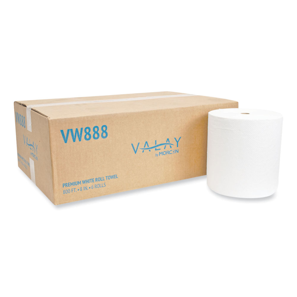 Morcon Tissue Valay Valay Proprietary Roll Towels, 1-Ply, 8in x 800 ft, White, 6 Rolls/Carton