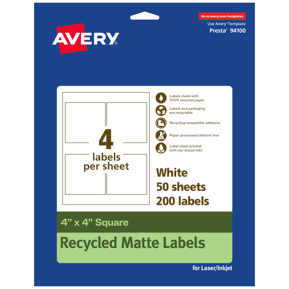 Avery Recycled Paper Labels, 94100-EWMP50, Square, 4in x 4in, White, Pack Of 200