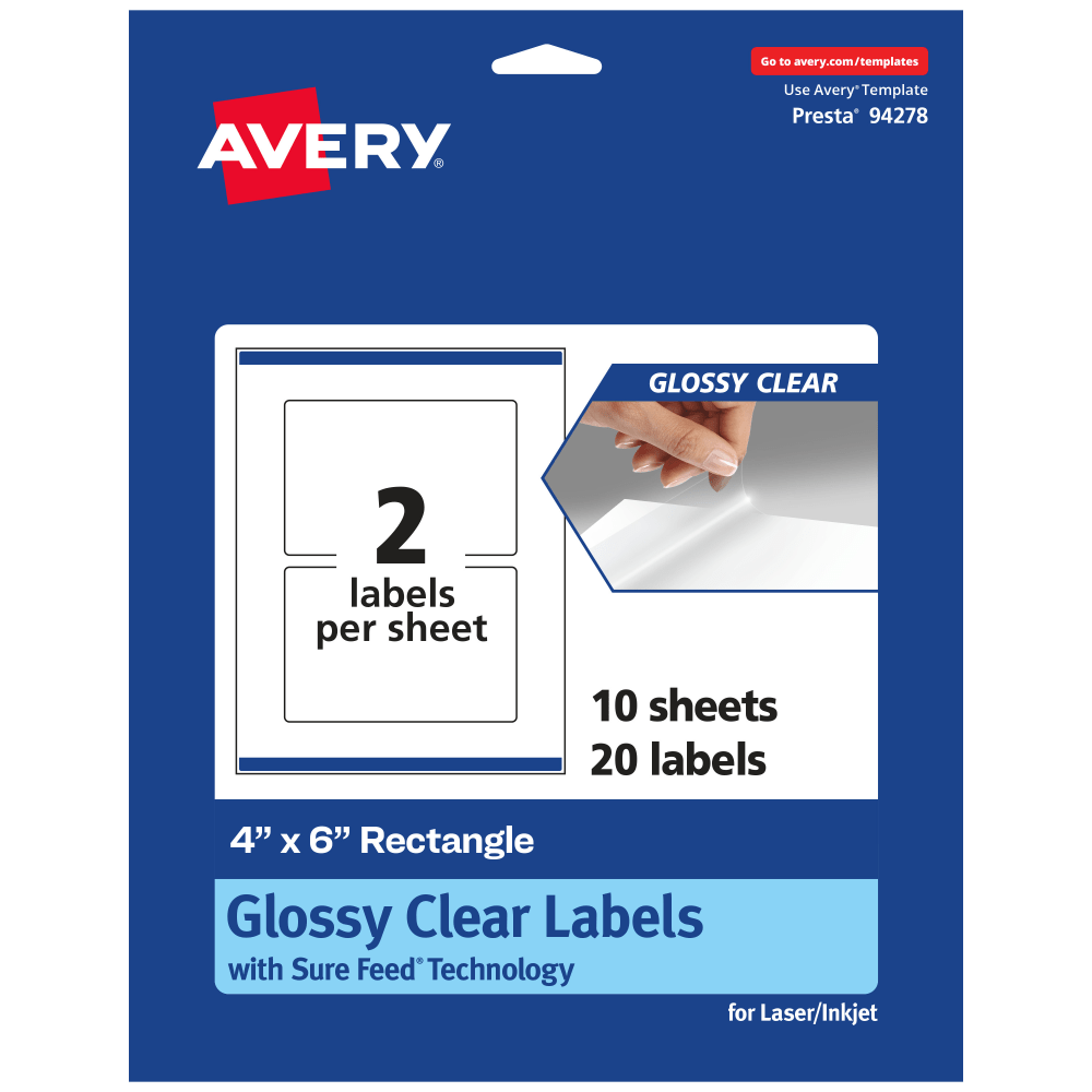 Avery Glossy Permanent Labels With Sure Feed, 94278-CGF10, Rectangle, 4in x 6in, Clear, Pack Of 20